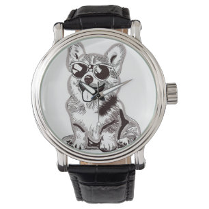 Aangepaste Corgi Puppy met Zonnebril   Schets Kuns Horloge