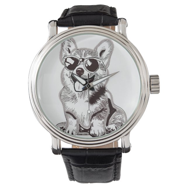 Aangepaste Corgi Puppy met Zonnebril | Schets Kuns Horloge (Voorkant)