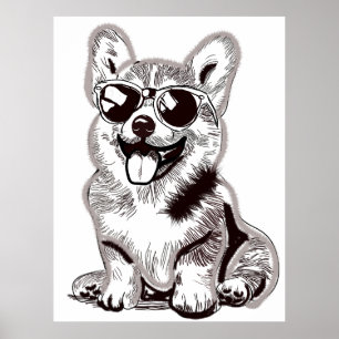 Aangepaste Corgi Puppy met Zonnebril   Schets Kuns Poster