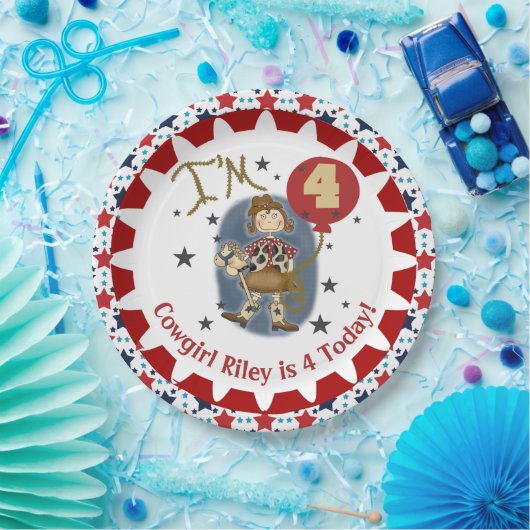 Aangepaste Cowgirl 4e Happy Birthday Paper-Borden Papieren Bordje (Feest)