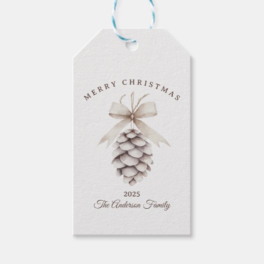 Aangepaste crème witte pinecone kerst natuur cadeaulabel (Voorkant)