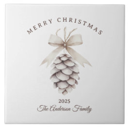 Aangepaste crème witte pinecone kerstcadeau tegeltje