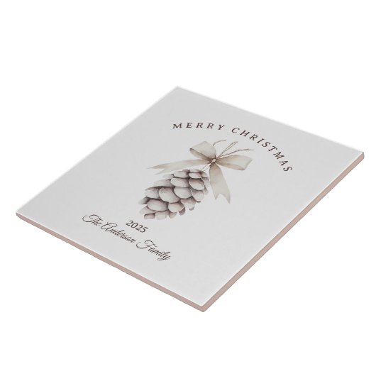 Aangepaste crème witte pinecone kerstcadeau tegeltje (Zijkant)