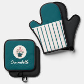 Aangepaste Crisp Gestreepte Cupcake Bakkerij Ovenwant & Pannenlap Set (Voorkant / Achterkant)