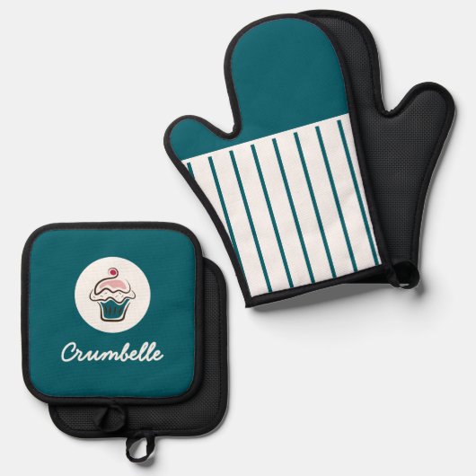 Aangepaste Crisp Gestreepte Cupcake Bakkerij Ovenwant & Pannenlap Set (Voorkant / Achterkant)