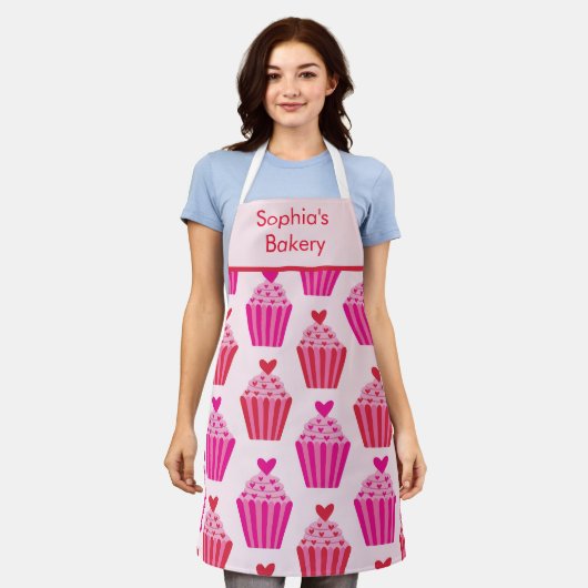 Aangepaste Cupcakes met rode en roze harten Schort (Gedragen)