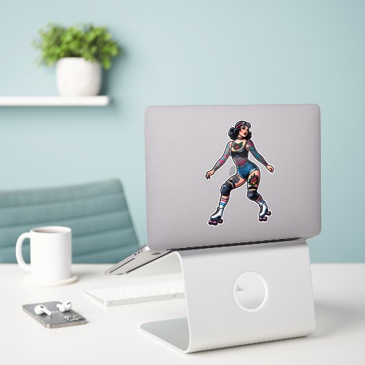 Aangepaste-Cut Vinyl Sticker: Roller Girl Sticker (Laptop op bureau)