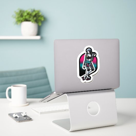 Aangepaste-Cut Vinyl Sticker: Roller Girl Sticker (Laptop op bureau)