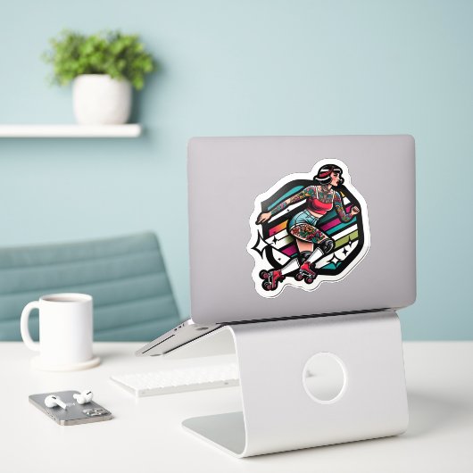 Aangepaste-Cut Vinyl Sticker: Roller Girl Sticker (Laptop op bureau)