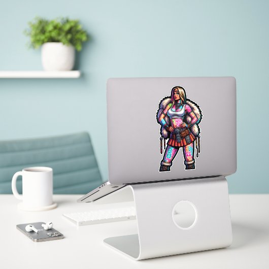 Aangepaste-Cut Vinyl Sticker: Warrior Woman Sticker (Laptop op bureau)