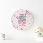 Aangepaste Cute Baby Hippo Floral Large Clock Grote Klok (Huis)