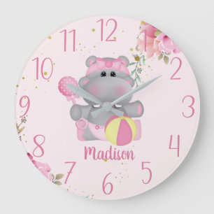 Aangepaste Cute Baby Hippo Floral Large Clock Grote Klok