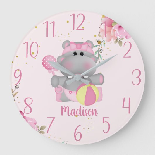 Aangepaste Cute Baby Hippo Floral Large Clock Grote Klok (Voorkant)