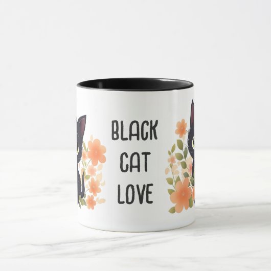 Aangepaste Cute Black Kitten met bloemen Mok (Midden)