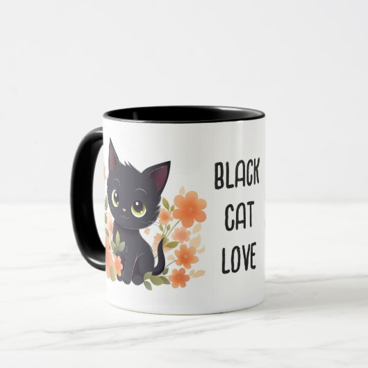 Aangepaste Cute Black Kitten met bloemen Mok (Voorkant links)