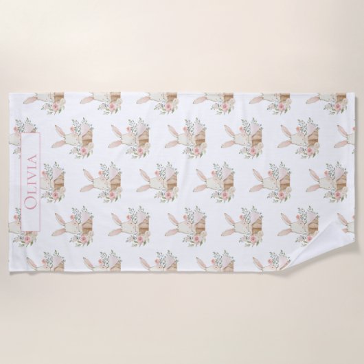 Aangepaste Cute Bunny Rabbit Floral Strandlaken (Voorkant)