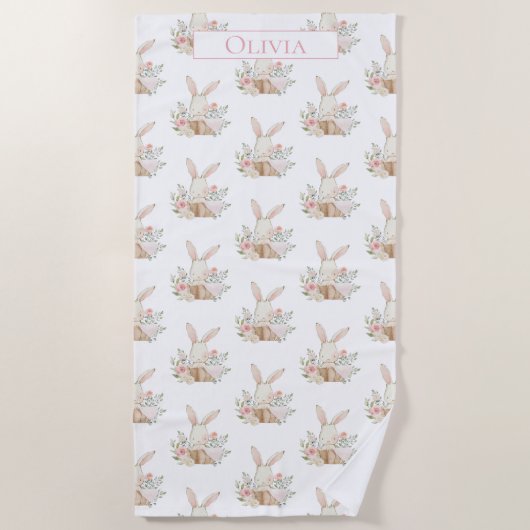 Aangepaste Cute Bunny Rabbit Floral Strandlaken (Voorkant)