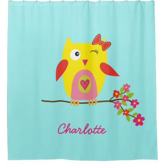 Aangepaste Cute Owl Yellow Pink Illustratie Douchegordijn (Voorkant)