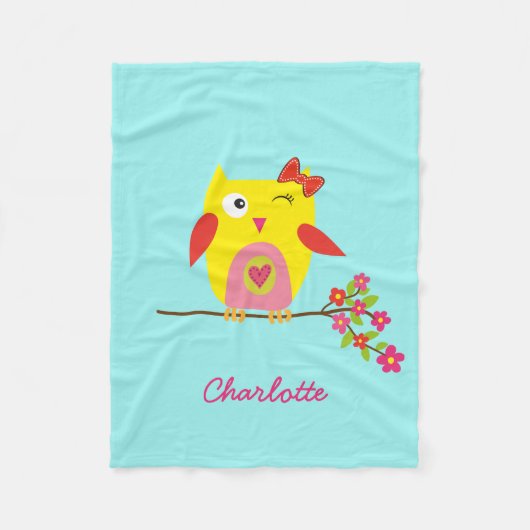Aangepaste Cute Owl Yellow Pink Illustratie Fleece Deken (Voorkant)