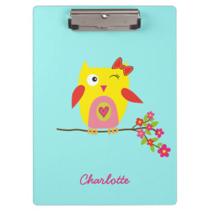 Aangepaste Cute Owl Yellow Pink Illustratie Klembord