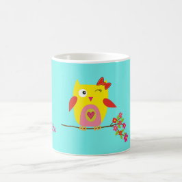 Aangepaste Cute Owl Yellow Pink Illustratie Koffiemok
