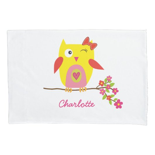 Aangepaste Cute Owl Yellow Pink Illustratie Kussensloop (Voorkant)