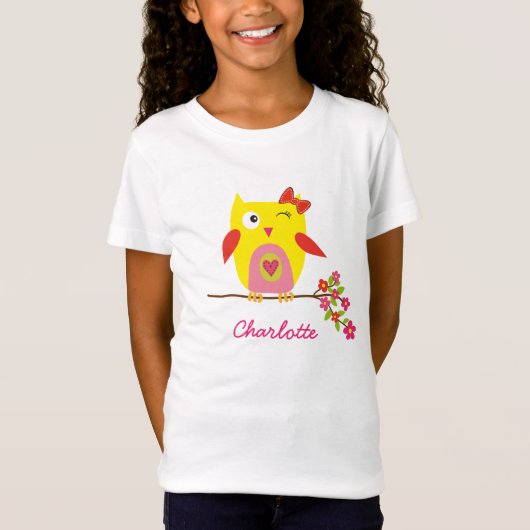 Aangepaste Cute Owl Yellow Pink Illustratie T-shirt (Voorkant)