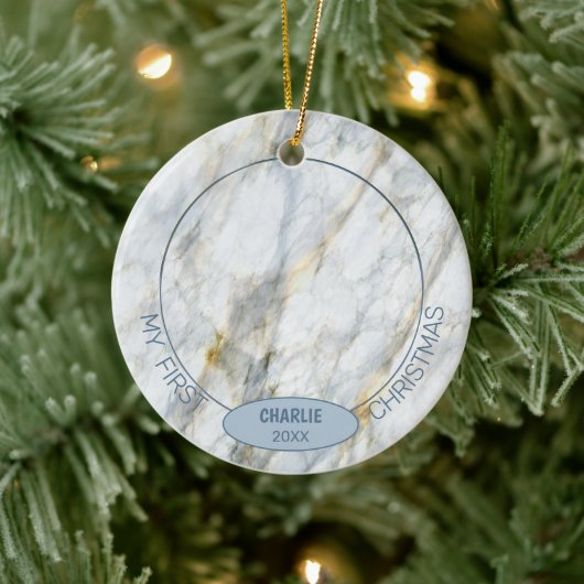 Aangepaste Cute Pet-foto 1e kerst op blauwe marmer Keramisch Ornament (Boom)