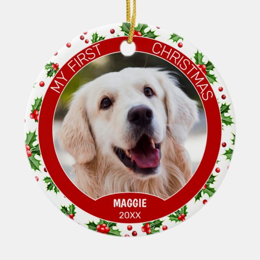 Aangepaste Cute Pet-foto 1e kerst op hulstbes Keramisch Ornament (Voorkant)