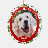 Aangepaste Cute Pet-foto 1e kerst op hulstbes Keramisch Ornament (Links)