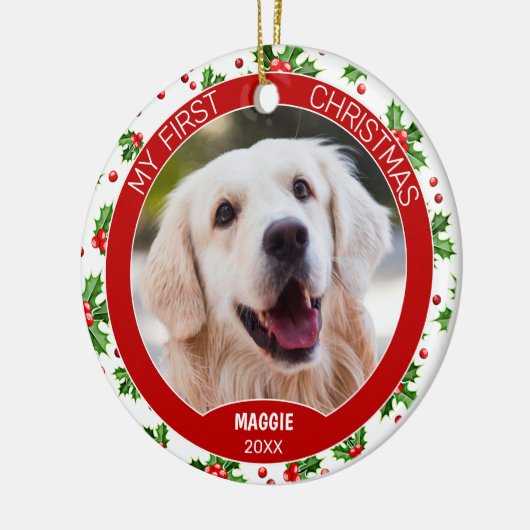 Aangepaste Cute Pet-foto 1e kerst op hulstbes Keramisch Ornament (Links)