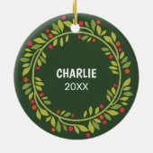 Aangepaste Cute Pet-foto 1e kerst op hulstbes Keramisch Ornament (Achterkant)