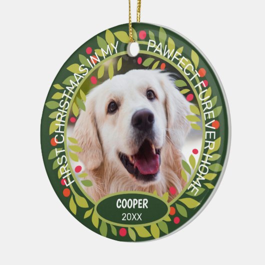 Aangepaste Cute Pet-foto 1e kerst op hulstbes Keramisch Ornament (Links)