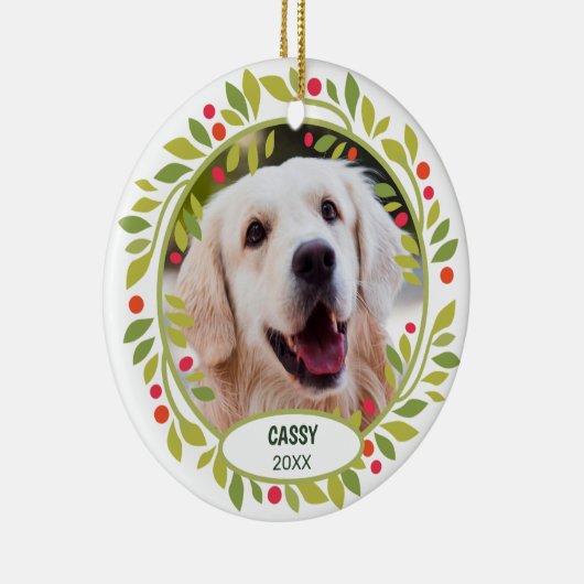 Aangepaste Cute Pet-foto 1e kerst op hulstbes Keramisch Ornament (Rechts)