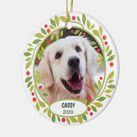 Aangepaste Cute Pet-foto 1e kerst op hulstbes Keramisch Ornament (Links)