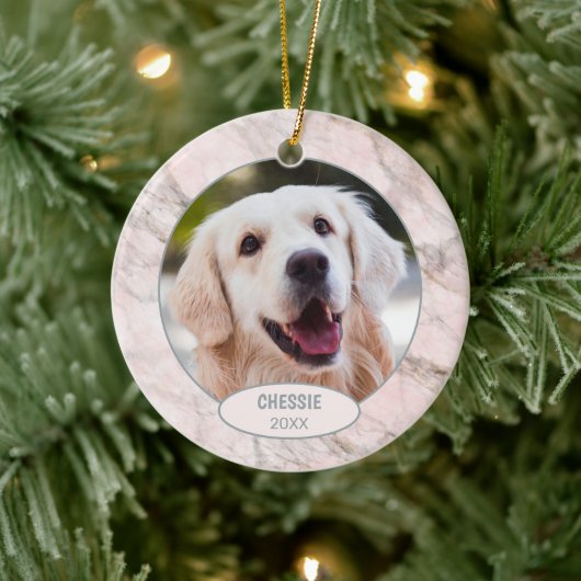 Aangepaste Cute Pet-foto 1e kerst op namaakmarmer Keramisch Ornament (Boom)