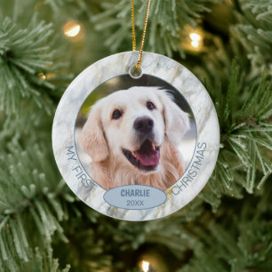 Aangepaste Cute Pet Foto 1e Kerstmis Op Blauwe Mar Keramisch Ornament