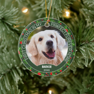 Aangepaste Cute Pet Foto 1e Kerstmis Op Hulst Bes Keramisch Ornament