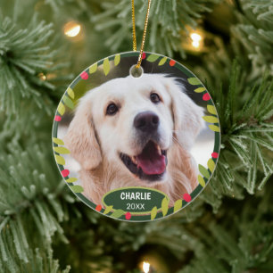 Aangepaste Cute Pet Foto 1e Kerstmis Op Hulstbes Keramisch Ornament