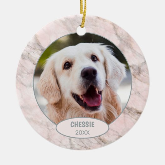 Aangepaste Cute Pet Foto 1ste Kerstmis Op Nep Marm Keramisch Ornament (Voorkant)