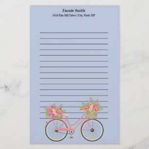 Aangepaste 'Cute Pink'-fiets met bloemen blauw Briefpapier