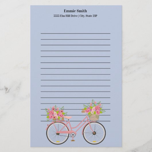 Aangepaste 'Cute Pink'-fiets met bloemen blauw Briefpapier (Voorkant)