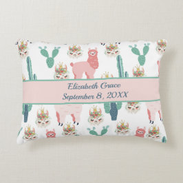 Aangepaste Cute Pink Llama en Green Cactus Accent Kussen