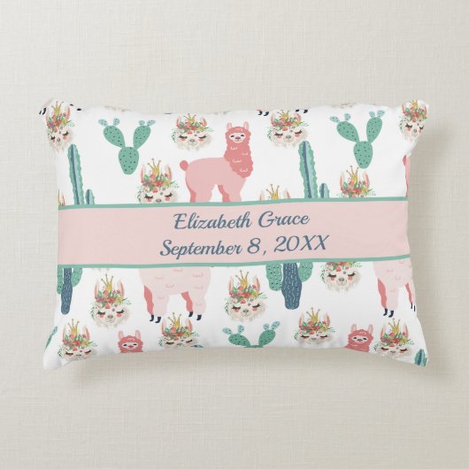 Aangepaste Cute Pink Llama en Green Cactus Accent Kussen (Voorkant)