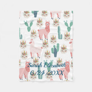 Aangepaste Cute Pink Llama en Green Cactus Fleece Deken