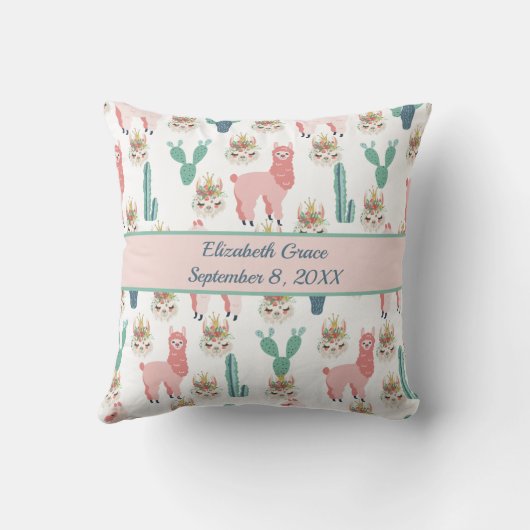 Aangepaste Cute Pink Llama en Green Cactus Kussen (Achterkant)