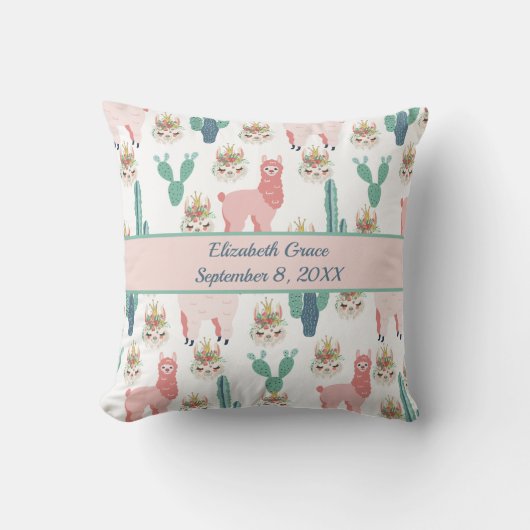 Aangepaste Cute Pink Llama en Green Cactus Kussen (Voorkant)