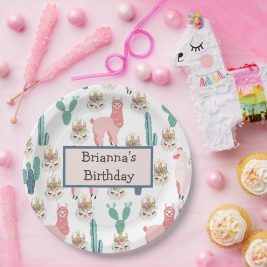 Aangepaste Cute Pink Llama en Green Cactus Papieren Bordje (Feest)