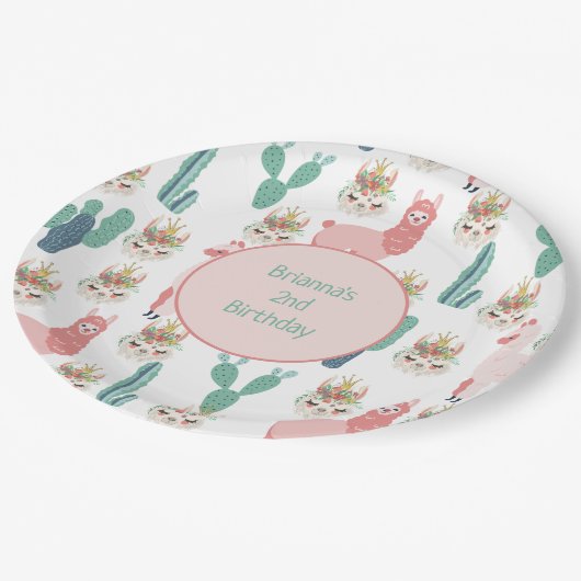 Aangepaste Cute Pink Llama en Green Cactus Papieren Bordje (Gekanteld)