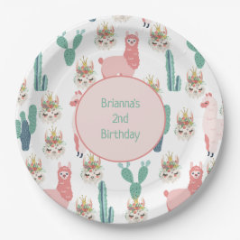 Aangepaste Cute Pink Llama en Green Cactus Papieren Bordje